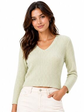 Lauren Ralph Lauren Petite Mint Green Ribbed V-Neck Sweater — Size MP